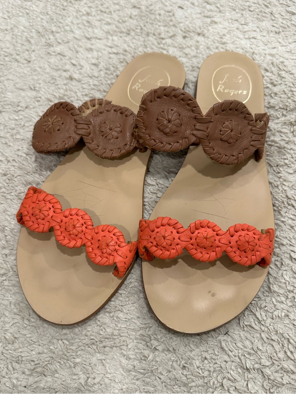 Jack Rogers Two-Tone Leather Slide Sandals in Brown and Coral, 7.5